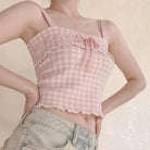 Angelcore Pink Plaid Bow Tank Top with Asymmetrical Rosebud Straps - Shirts & Tops