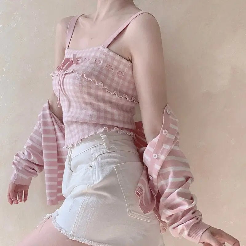 Angelcore Pink Plaid Bow Tank Top with Asymmetrical Rosebud Straps - Cosparty