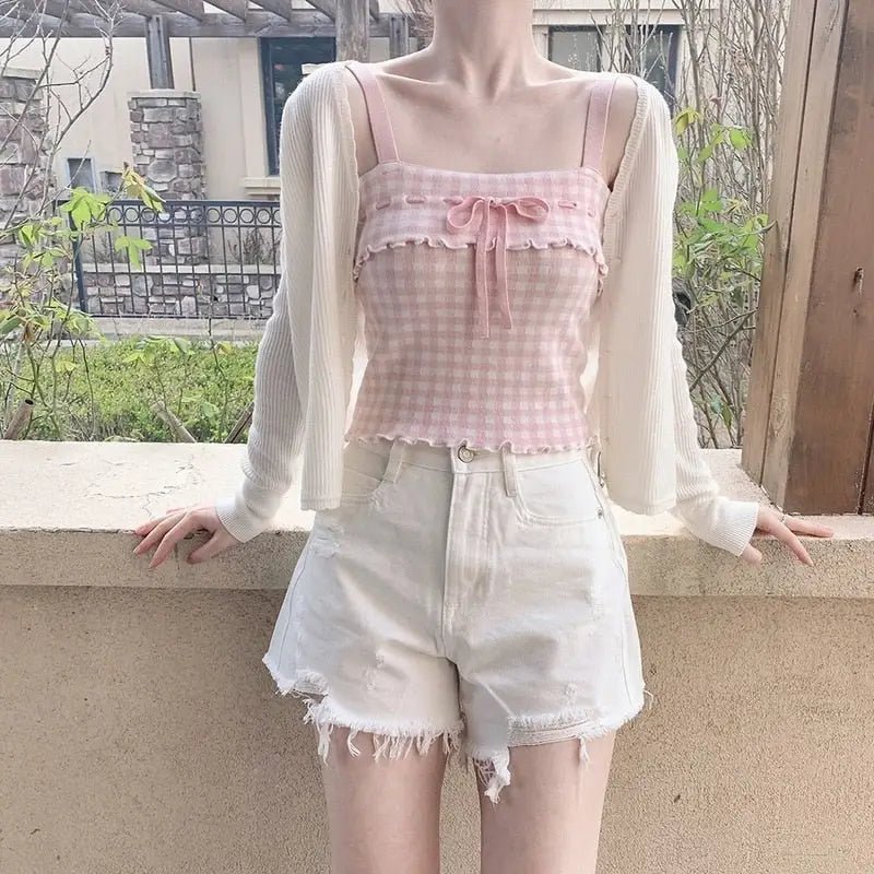 Angelcore Pink Plaid Bow Tank Top with Asymmetrical Rosebud Straps - Cosparty