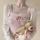 Angelcore Pink Plaid Bow Tank Top with Asymmetrical Rosebud Straps - Cosparty