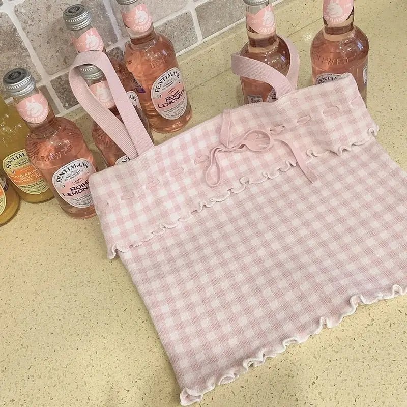 Angelcore Pink Plaid Bow Tank Top with Asymmetrical Rosebud Straps - Cosparty