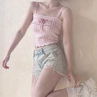 Angelcore Pink Plaid Bow Tank Top with Asymmetrical Rosebud Straps - Shirts & Tops