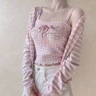 Angelcore Pink Plaid Bow Tank Top with Asymmetrical Rosebud Straps - Cosparty