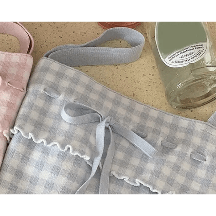 Angelcore Pink Plaid Bow Tank Top with Asymmetrical Rosebud Straps - Cosparty