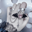 Angelic Goth Ring Set with Bat Wings and Crystal Embellishments - Cosparty