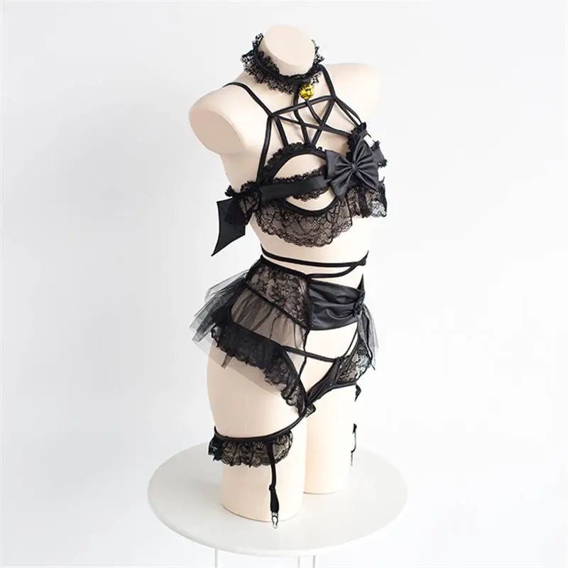 Anime Inspired Lingerie Set with Bat Wings and Vegan Leather Accents - Cosparty