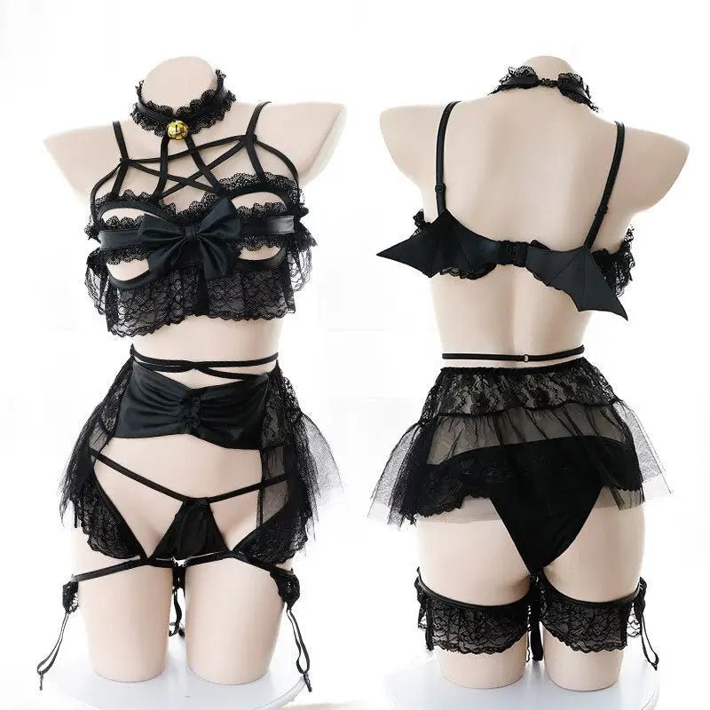 Anime Inspired Lingerie Set with Bat Wings and Vegan Leather Accents - Cosparty