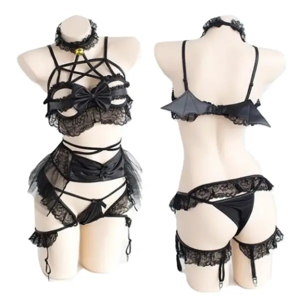 Anime Inspired Lingerie Set with Bat Wings and Vegan Leather Accents - lingerie