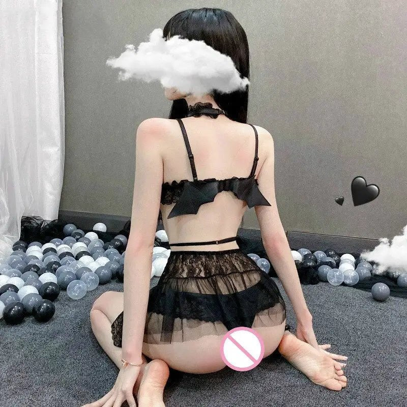 Anime Inspired Lingerie Set with Bat Wings and Vegan Leather Accents - Cosparty