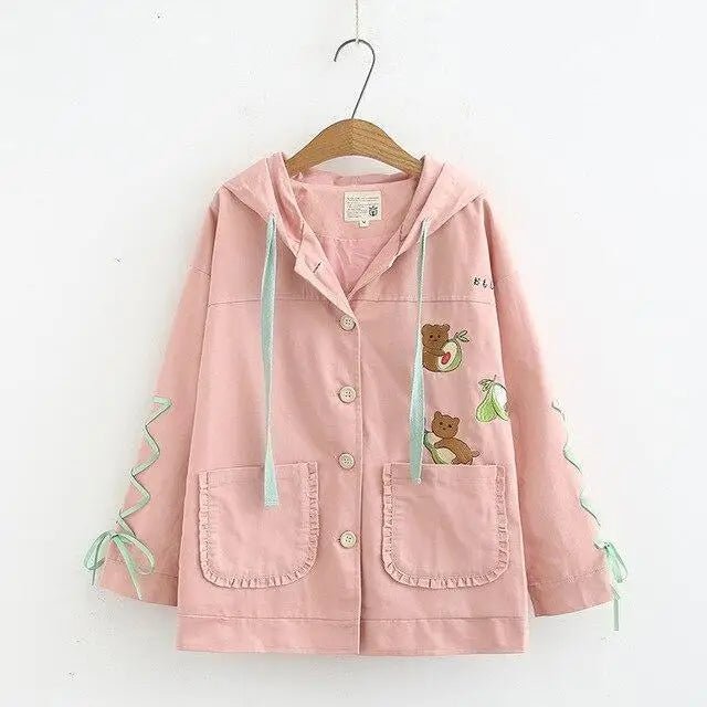 Avocado Teddy Bear Windbreaker Coat for Spring and Fall - Cosparty