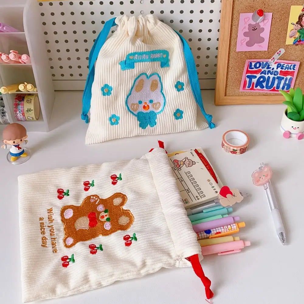 Baby Bear and Bunny Corduroy Drawstring Bags for Cute Belongings - bag