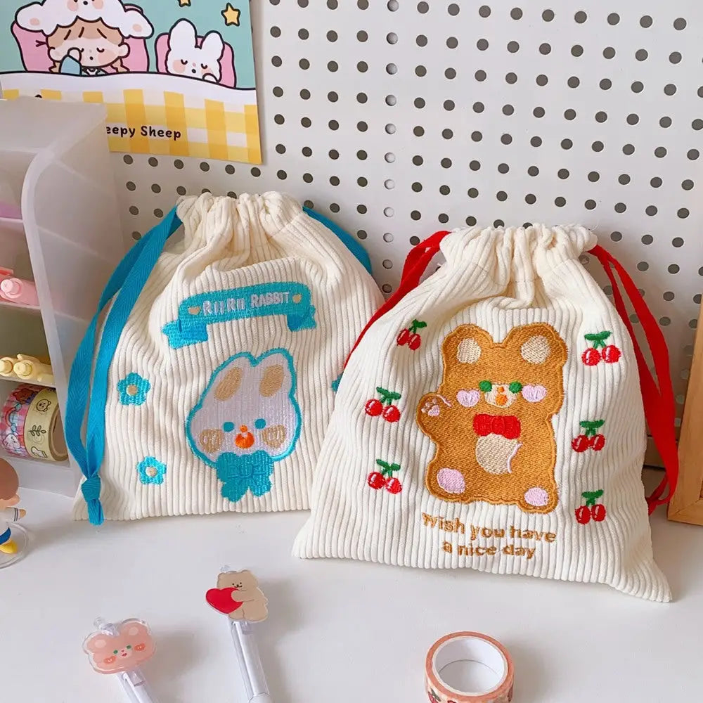 Baby Bear and Bunny Corduroy Drawstring Bags for Cute Belongings - bag