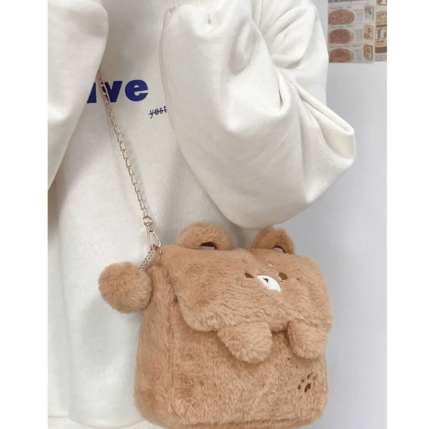 Baby Bear Fur Handbag with Cute Embroidered Teddy Bear Face - Cosparty
