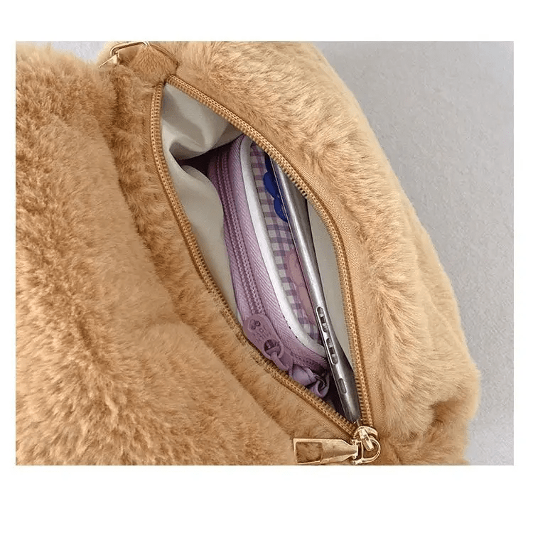 Baby Bear Fur Handbag with Cute Embroidered Teddy Bear Face - Cosparty