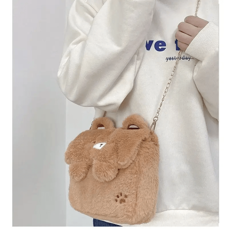 Baby Bear Fur Handbag with Cute Embroidered Teddy Bear Face - Cosparty