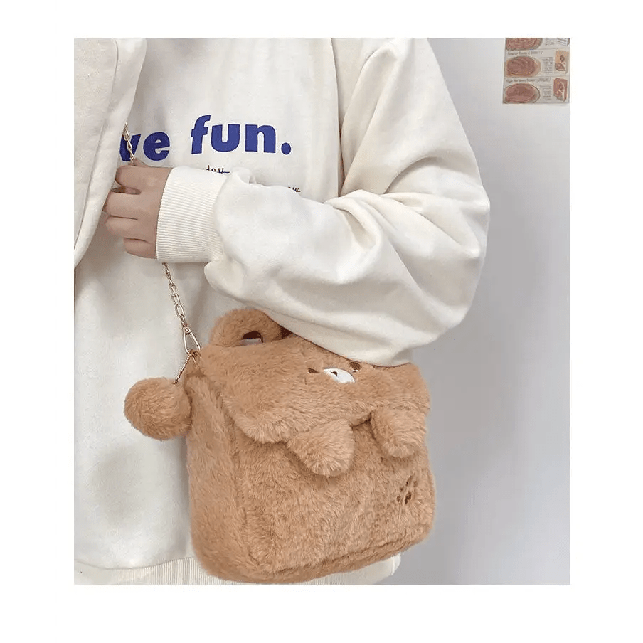 Baby Bear Fur Handbag with Cute Embroidered Teddy Bear Face - Cosparty