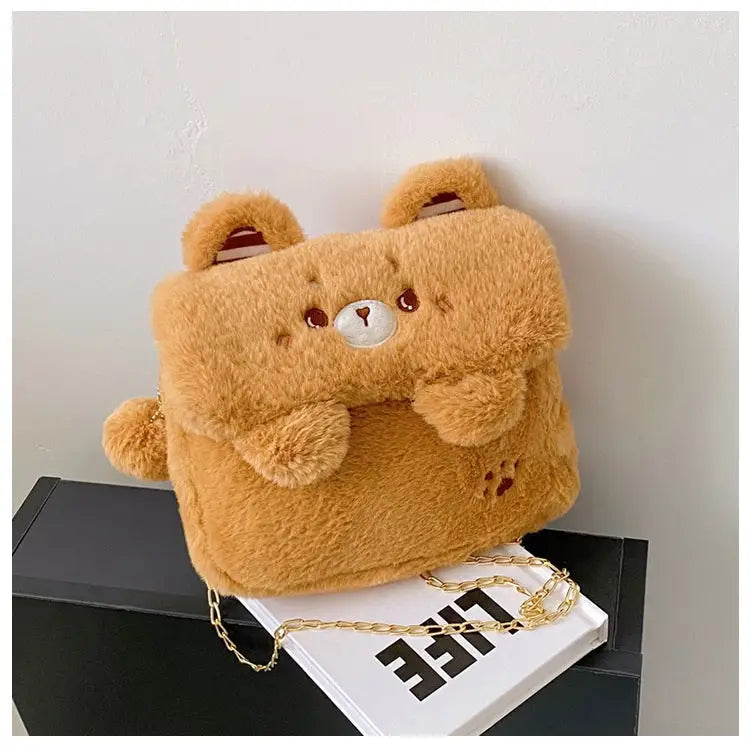 Baby Bear Fur Handbag with Cute Embroidered Teddy Bear Face - handbag