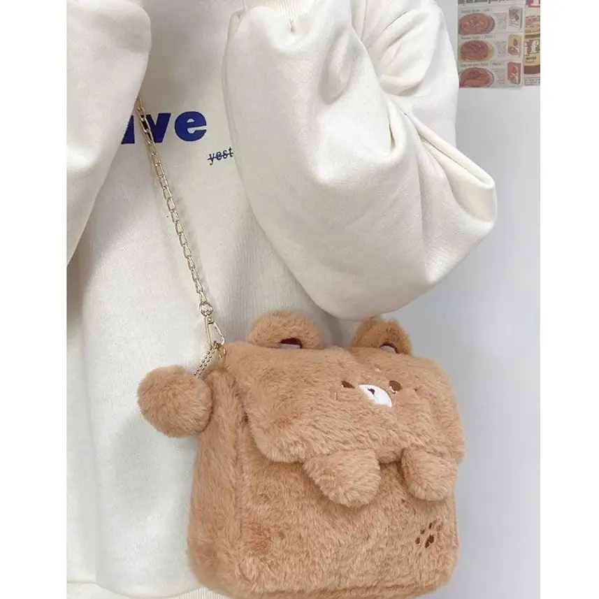 Baby Bear Fur Handbag with Cute Embroidered Teddy Bear Face - handbag