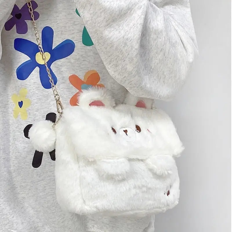 Baby Bear Fur Handbag with Cute Embroidered Teddy Bear Face - handbag