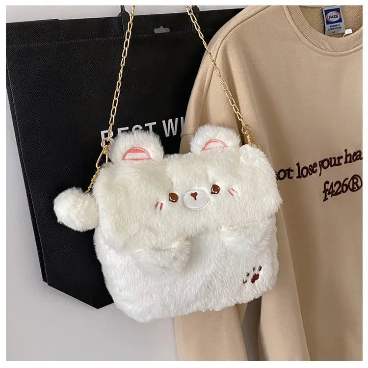 Baby Bear Fur Handbag with Cute Embroidered Teddy Bear Face - handbag