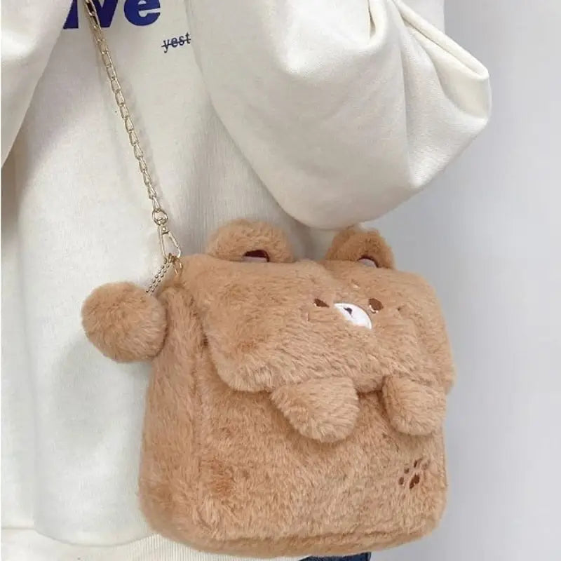 Baby Bear Fur Handbag with Cute Embroidered Teddy Bear Face - handbag