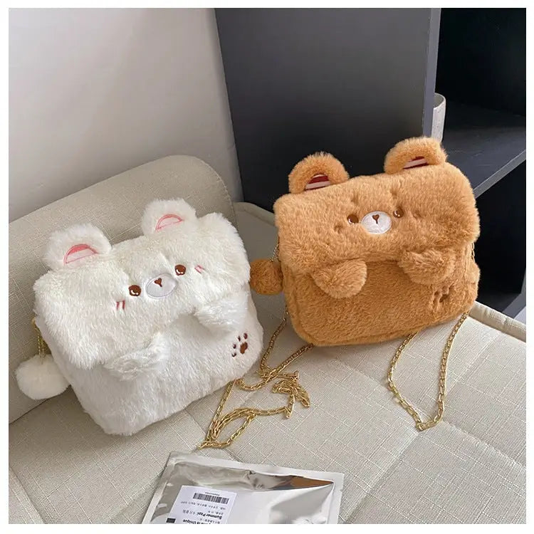 Baby Bear Fur Handbag with Cute Embroidered Teddy Bear Face - handbag