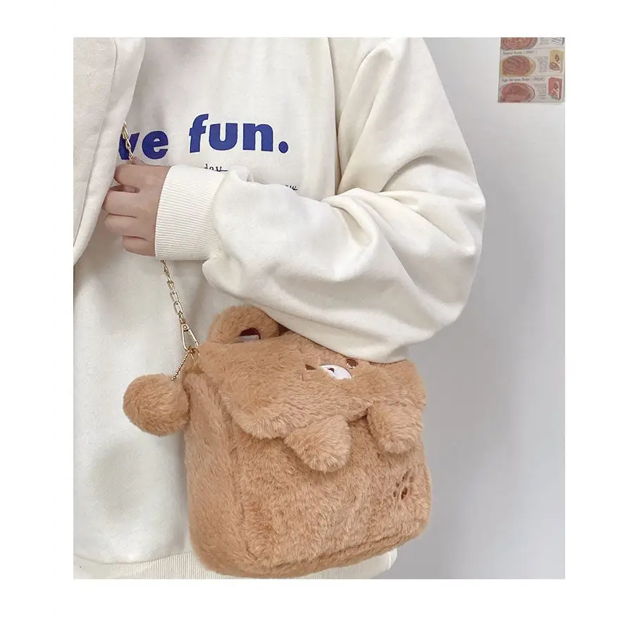 Baby Bear Fur Handbag with Cute Embroidered Teddy Bear Face - handbag