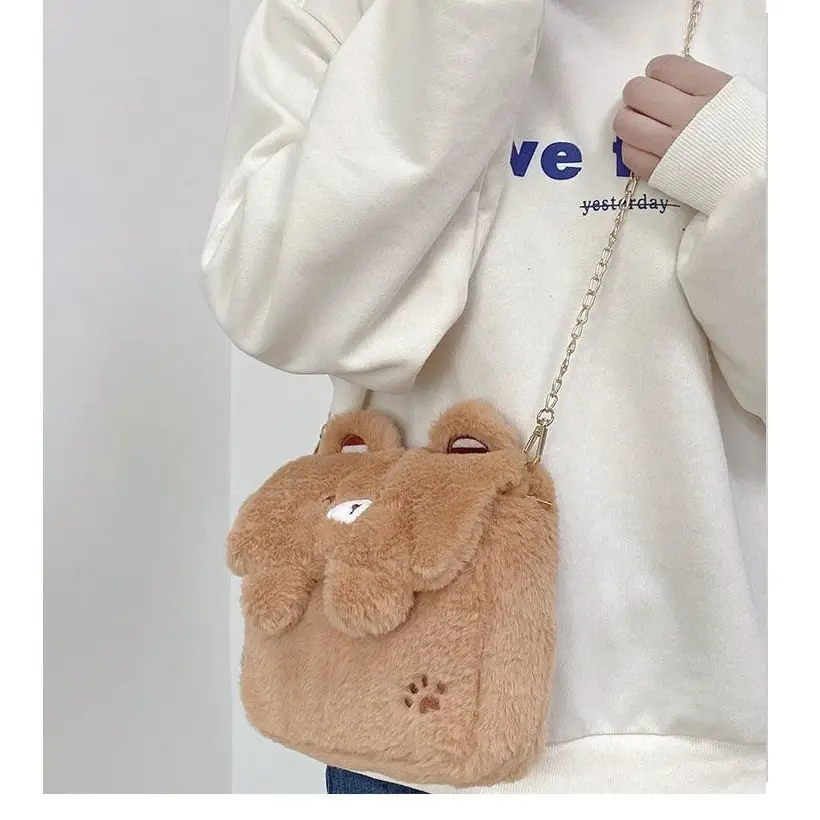 Baby Bear Fur Handbag with Cute Embroidered Teddy Bear Face - handbag