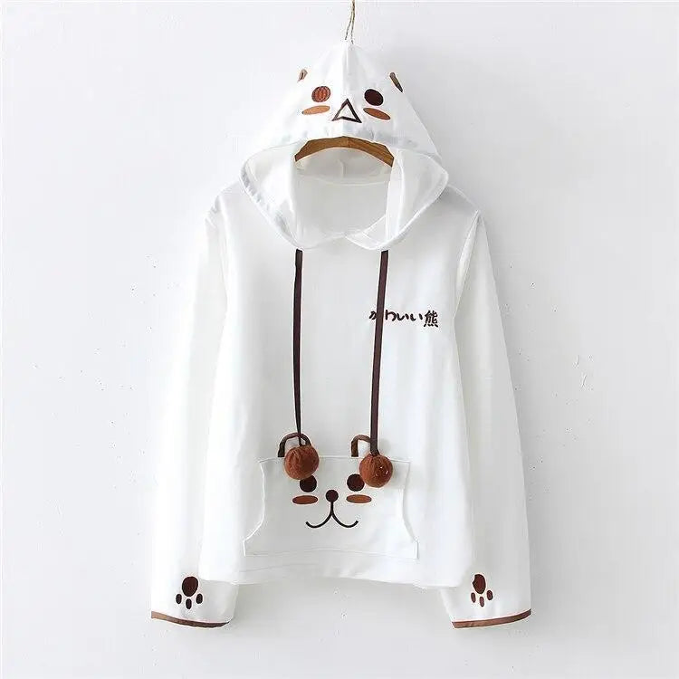 Baby Bear Pom-Pom Embellished Hoodie in White or Brown - sweater