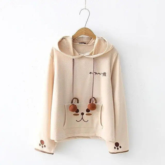 Baby Bear Pom-Pom Embellished Hoodie in White or Brown - sweater