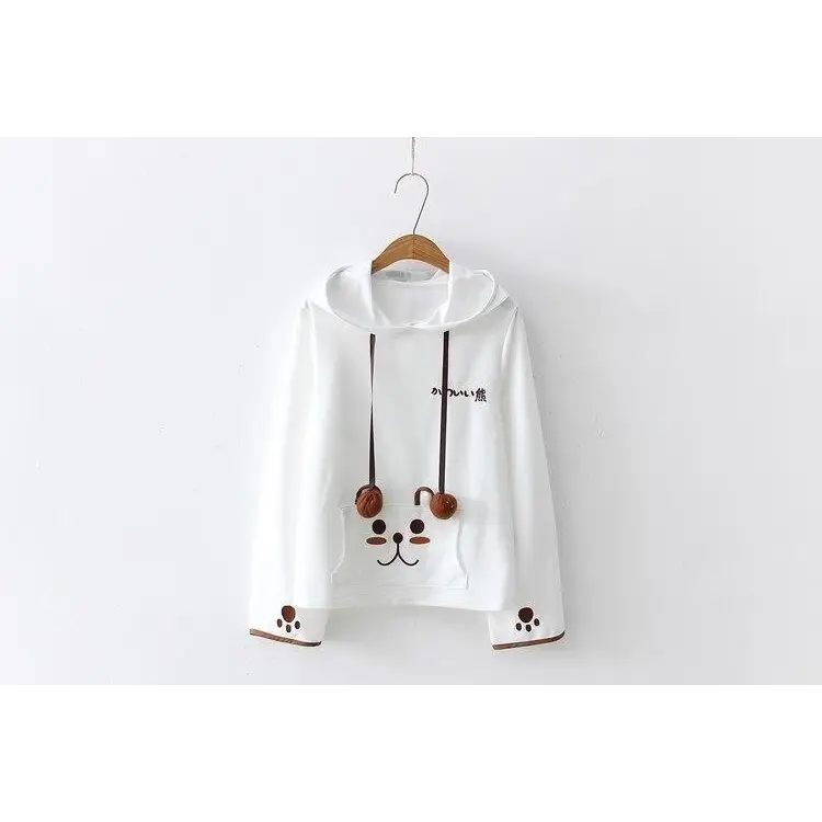 Baby Bear Pom-Pom Embellished Hoodie in White or Brown - sweater