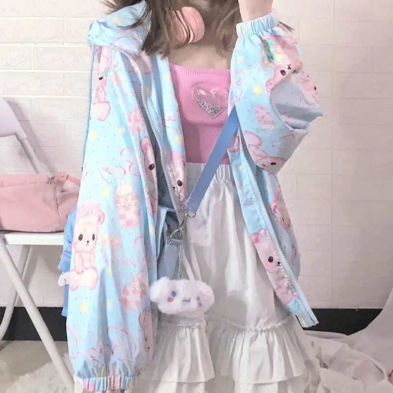 Baby Bear Windbreaker Jacket in Pastel Colors for Kawaii Lovers - Sky Blue - sweater