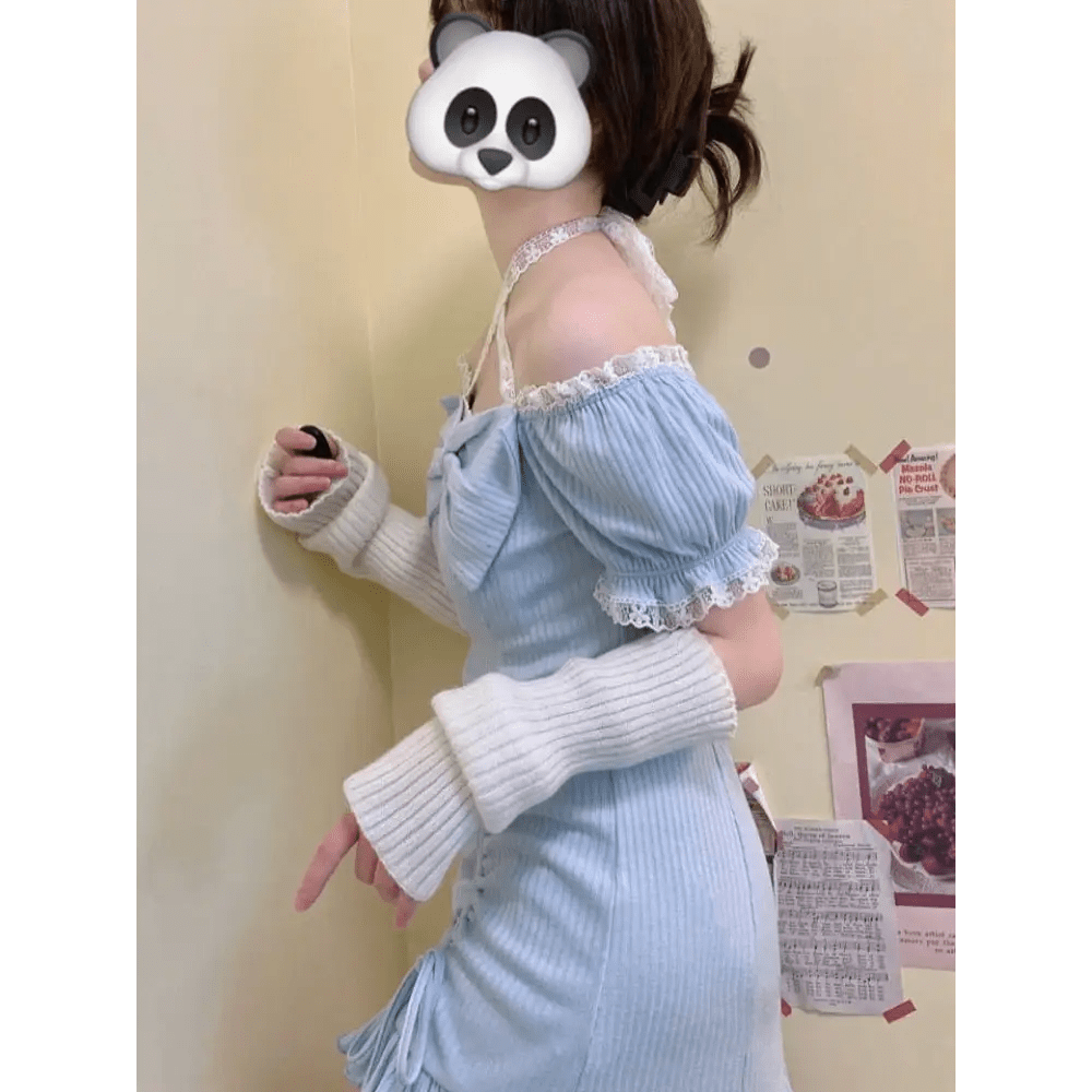 Baby Blue Lace Embellished Sweater Dress with Ruffled Trim - Cosparty