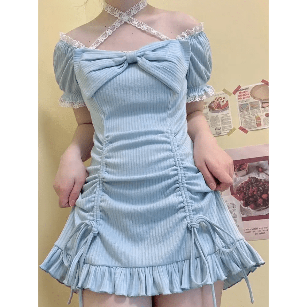 Baby Blue Lace Embellished Sweater Dress with Ruffled Trim - Cosparty