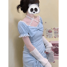 Baby Blue Lace Embellished Sweater Dress with Ruffled Trim - Cosparty