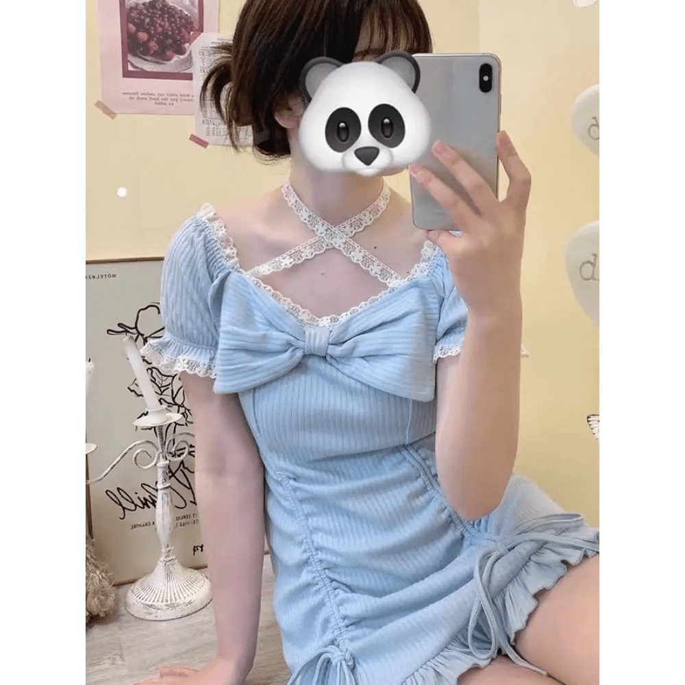 Baby Blue Lace Embellished Sweater Dress with Ruffled Trim - Cosparty