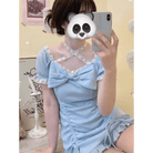 Baby Blue Lace Embellished Sweater Dress with Ruffled Trim - Cosparty