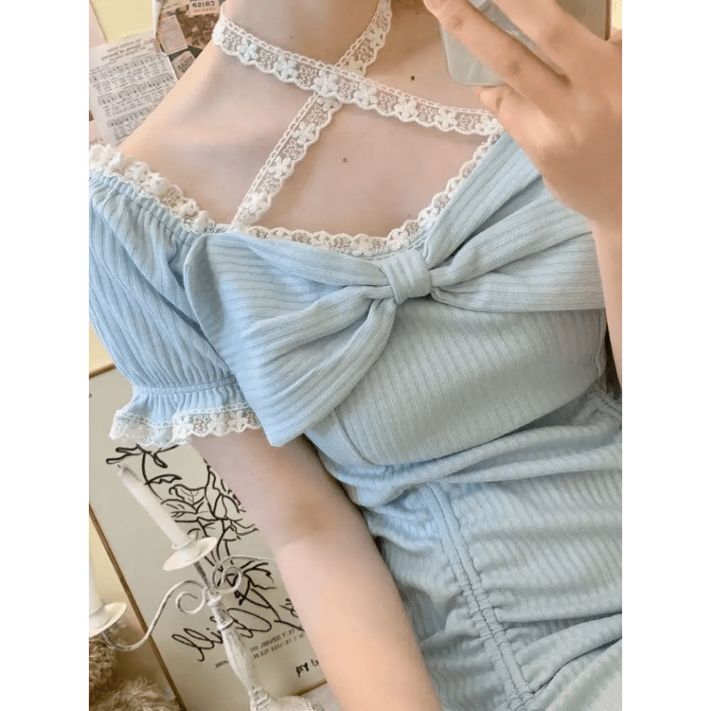 Baby Blue Lace Embellished Sweater Dress with Ruffled Trim - Cosparty