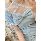 Baby Blue Lace Embellished Sweater Dress with Ruffled Trim - Cosparty