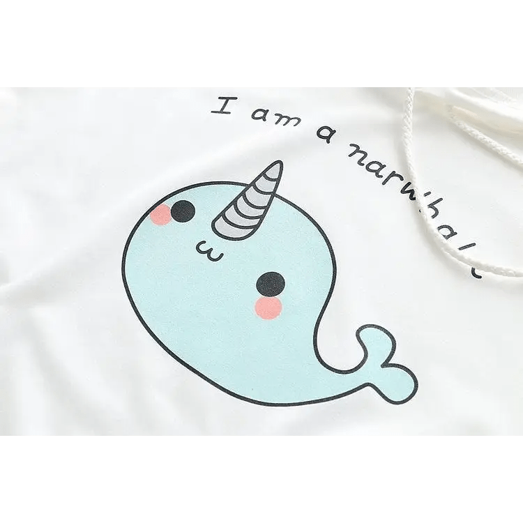 Baby Blue Narwhal Hoodie with Corset Lace - Up Ties - Cosparty
