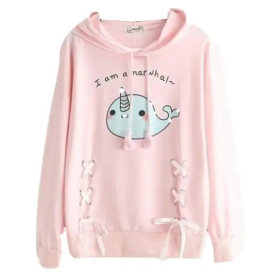 Pink Blue Narwhal Hoodie Sweater Sweatshirt Kawaii Fashion Fairy Kei Cute Unicorn Whale Corset Lace Up Ribbon Ties