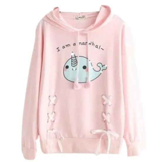 Baby Blue Narwhal Hoodie with Corset Lace - Up Ties - Cosparty