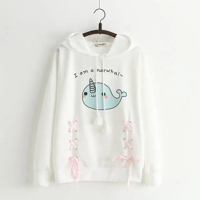 Baby Blue Narwhal Hoodie with Corset Lace - Up Ties - Cosparty