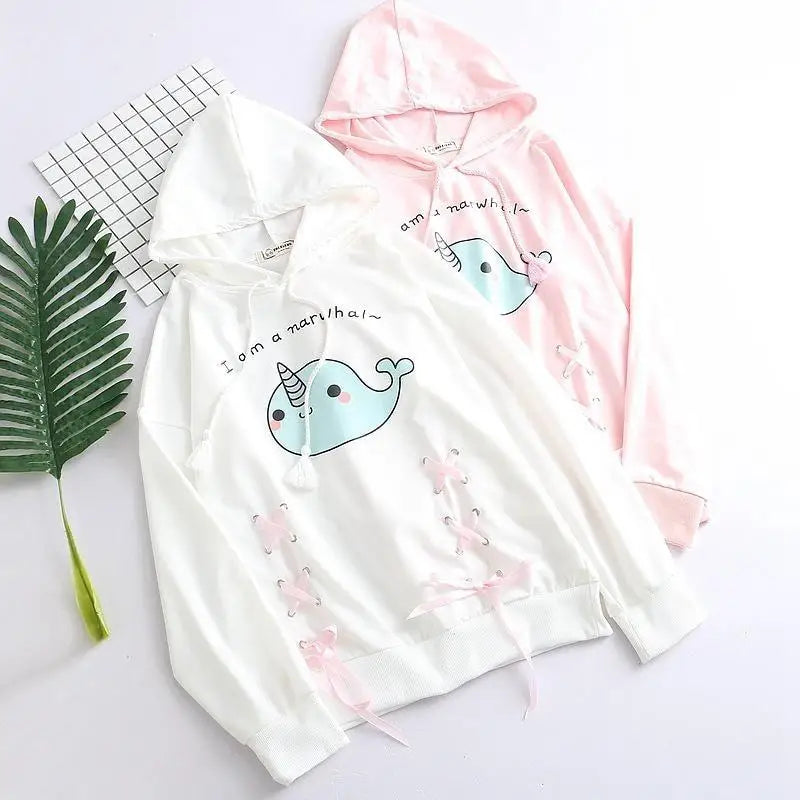 Baby Blue Narwhal Hoodie with Corset Lace-Up Ties - sweater