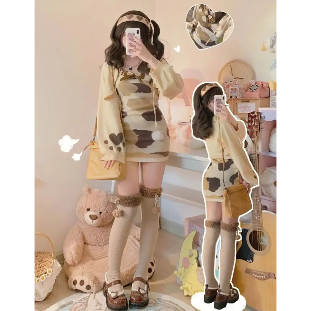 Baby Brown Cow Sweater Dress for Kawaii-Inspired Outfits - outfit