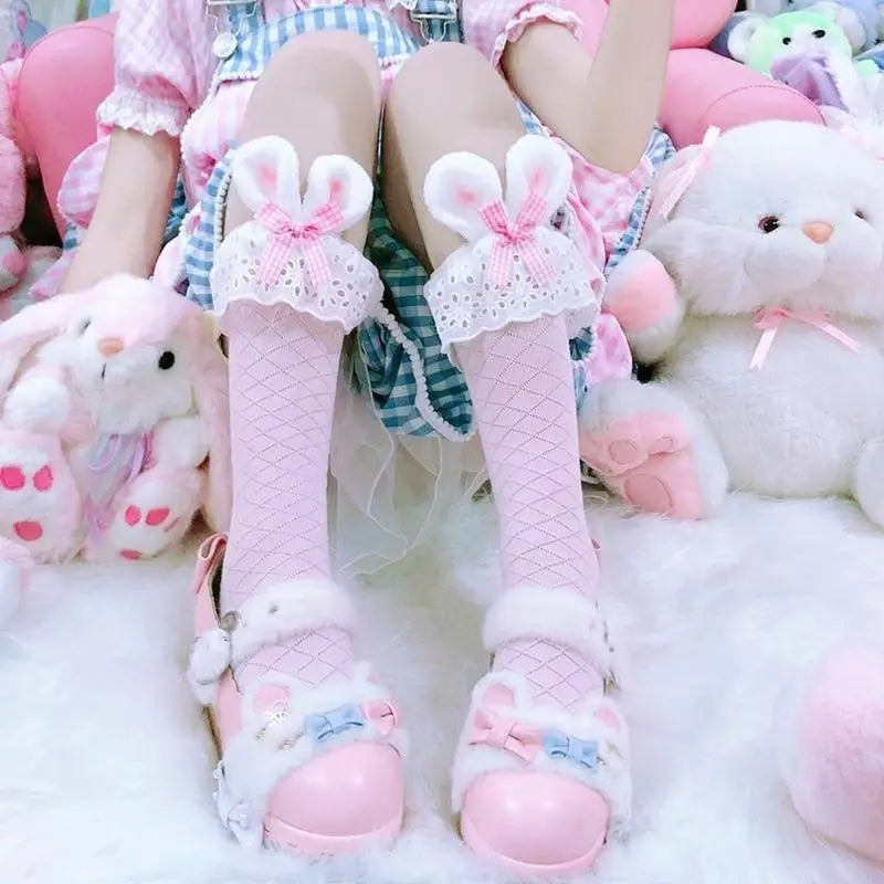 Baby Bun Lace Bunny Ear Lolita Stockings with Ruffled Doily Top - stockings