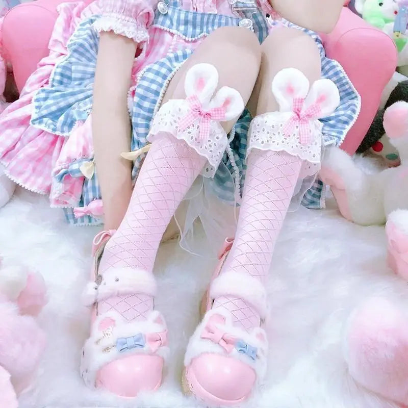 Baby Bun Lace Bunny Ear Lolita Stockings with Ruffled Doily Top - stockings