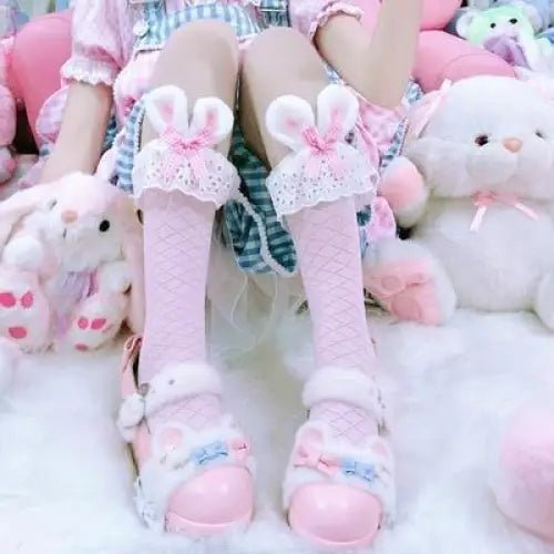 Baby Bun Lace Bunny Ear Lolita Stockings with Ruffled Doily Top - Cosparty