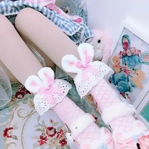 Baby Bun Lace Bunny Ear Lolita Stockings with Ruffled Doily Top - Cosparty