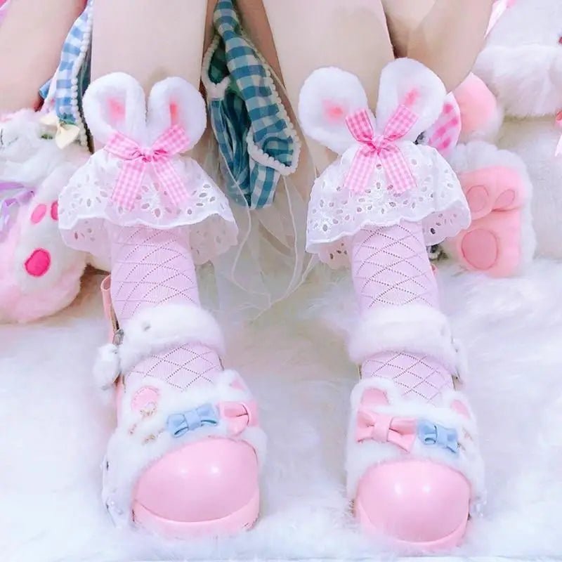 Baby Bun Lace Bunny Ear Lolita Stockings with Ruffled Doily Top - Cosparty